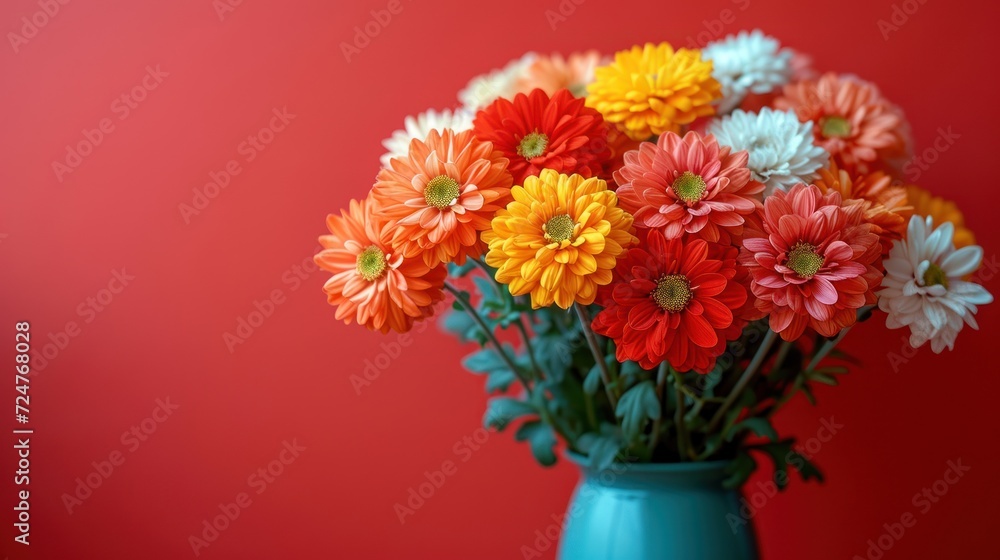  a blue vase filled with colorful flowers on top of a red wall with a red wall in the backround of the picture and a red wall in the background.