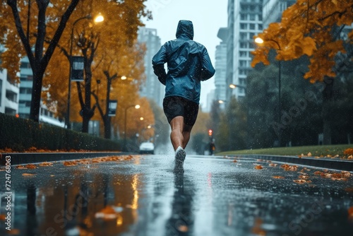 A determined runner braves the rain-soaked city streets  their footwear splashing through puddles as they push towards the finish line of a marathon  surrounded by towering trees and a grey sky above