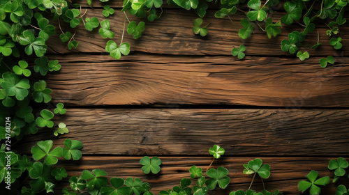 top view, clovers on rustic wood backdrop for st patricks day