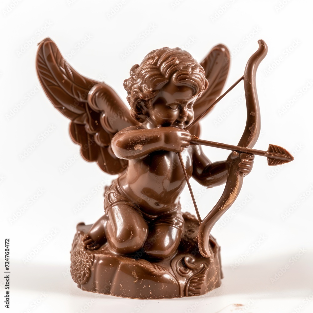 Chocolate sculpture of Cupid, complete with a bow and arrow, set against a solid white background Chocolate sculpture of Cupid, complete with a bow and arrow, set against a solid white background