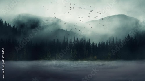 Horror scene in the forest and foggy, 4k animated virtual repeating seamless photo