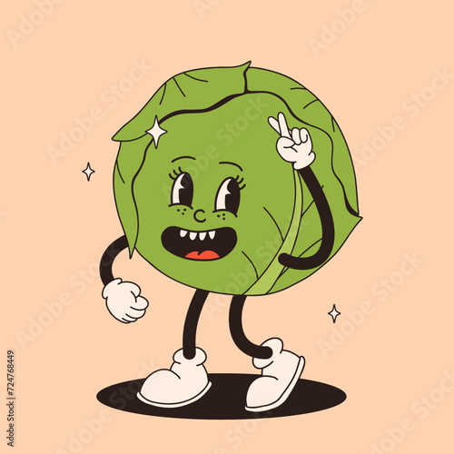 Funny vegetables retro cartoon characters sticker. Modern label with cute comics characters. Hand drawn doodles of comic mascot. Set in modern cartoon style. 70s retro vibes.