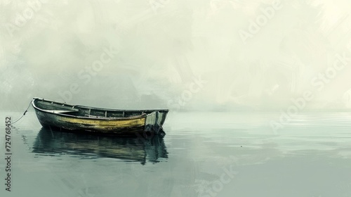 Portray a lonely boat floating in water using delicate brushstrokes and subdued colors. Minimalist Art. © Elvin