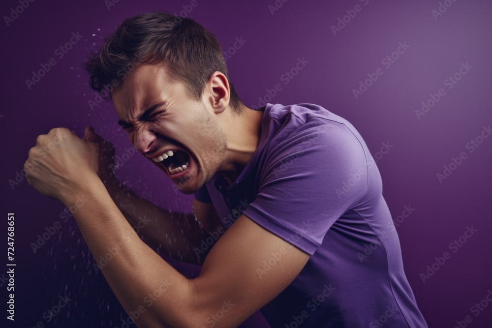 A man is pictured with his arm in the air, as water is gushing out of his mouth. This unique image can be used to convey concepts such as surprise, shock, or even the idea of speaking out