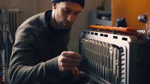 A man is seen fixing a radiator in a room. This image can be used to depict home maintenance or DIY projects