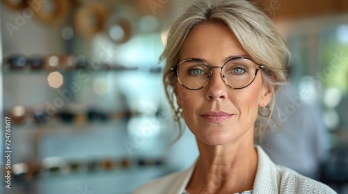 Portrait of middle aged woman buying glasses for better vision in eyeglasses store. Generative AI.