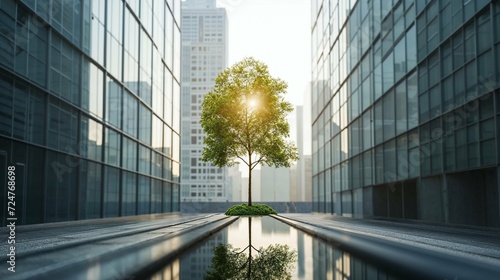 A lone tree stands between reflective glass buildings, basking in the morning light