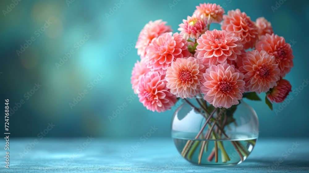 a vase filled with pink flowers sitting on top of a blue table top next to a blue wall and a blue wall behind the vase is filled with pink flowers. a vase filled with pink flowers sitting on top of a blue table top next to a blue wall and a blue wall behind the vase is filled with pink flowers.