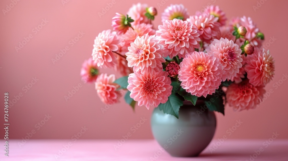  a green vase filled with pink flowers on top of a pink surface with a pink wall behind it and a pink wall behind the vase with pink flowers in the center.