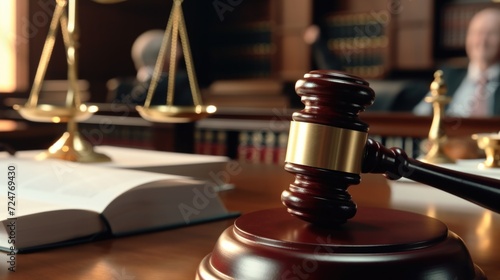 A wooden gavel sitting on top of a wooden table. Suitable for legal and courtroom themes photo