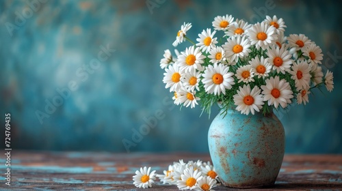  a blue vase filled with lots of white and yellow flowers on top of a wooden table next to a blue and teal painted wall with a few yellow and white daisies.