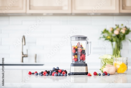 a blender and fresh berries on a kitchen countertop