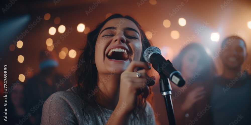 A woman performing on stage, singing into a microphone in front of a large crowd. Suitable for concerts, music events, and live performances