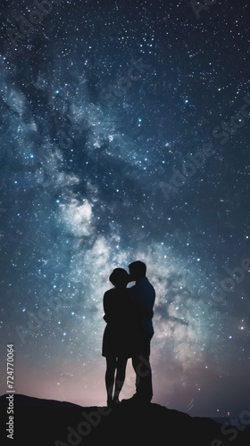 Silhouette of a couple against a backdrop of the starry night sky