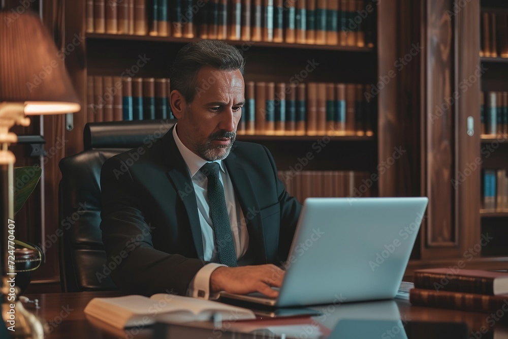 Attorney in a well-lit office with large windows, working diligently on legal documents