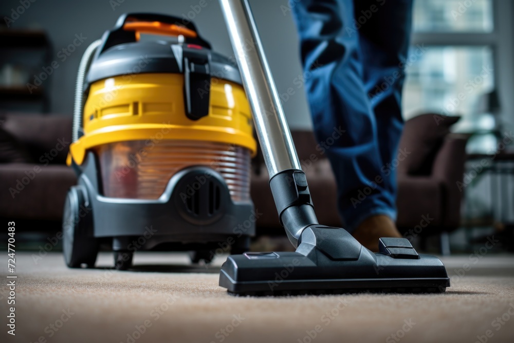 A person is seen using a vacuum cleaner to clean the floor. This image can be used to showcase household chores or cleaning routines A person is seen using a vacuum cleaner to clean the floor. This image can be used to showcase household chores or cleaning routines