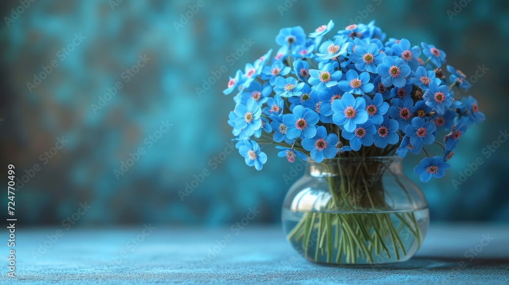 a glass vase filled with blue flowers sitting on top of a blue ...