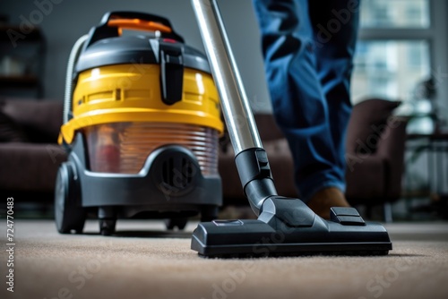 A person is seen using a vacuum cleaner to clean the floor. This image can be used to showcase household chores or cleaning routines © Fotograf
