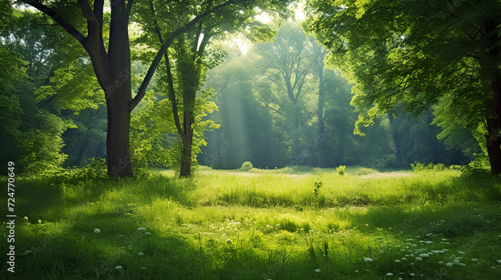 Obraz premium sunny well lit grassy clearing in a summery green magical forest