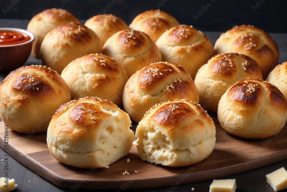 Pão de Queijo Small, cheesy bread rolls made with tapioca flour and cheese by ai generated Pão de Queijo Small, cheesy bread rolls made with tapioca flour and cheese by ai generated