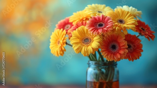  a vase filled with yellow and red flowers on top of a wooden table next to a blue and yellow wall and a blue and yellow wall behind it is a blue background.