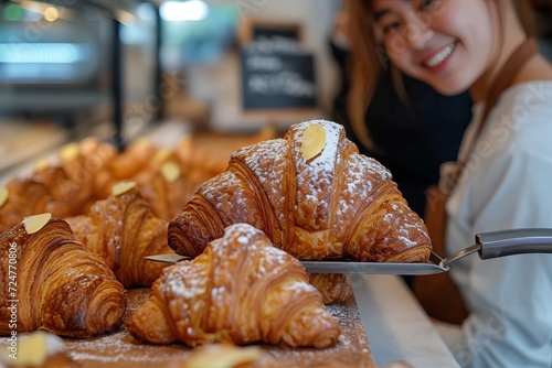 A contented woman indulging in a flaky croissant, surrounded by delectable baked goods in a cozy bakery setting photo