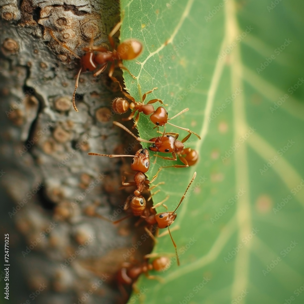 A colony of carpenter ants, an arthropod species known for their destructive nature, gather on a leaf in the wild, captured through stunning macro photography A colony of carpenter ants, an arthropod species known for their destructive nature, gather on a leaf in the wild, captured through stunning macro photography