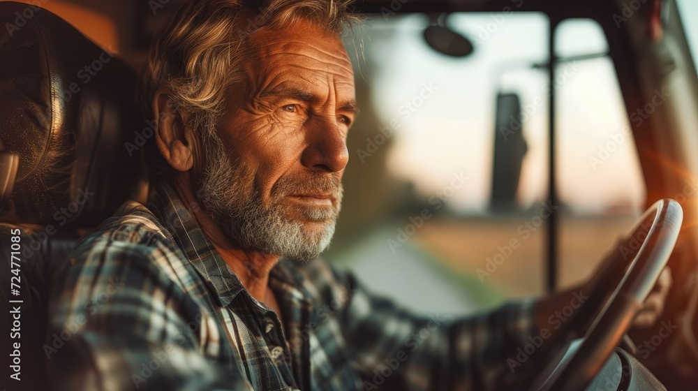 A Mature farmer driving tractor on a farm. Generative AI. A Mature farmer driving tractor on a farm. Generative AI.