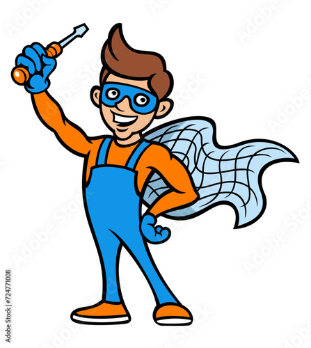 Cartoon style foreman, repairer character. Worker as superhero vector illustration. Isolated on white background.