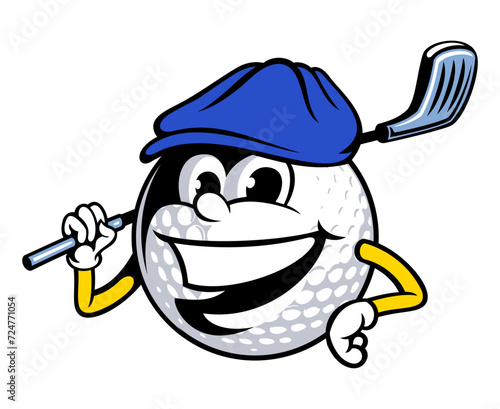 Cartoon style funny golf ball character, with the cap and golf stick. Isolated on white background.