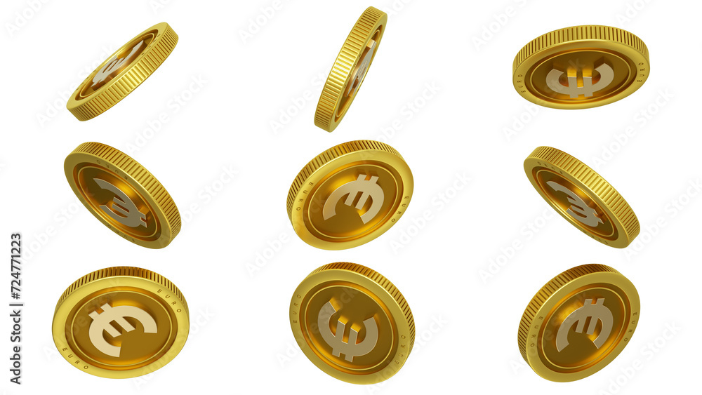 3D rendering of set of abstract golden Euro coins concept in different angles. Euro sign on golden coin isolated on transparent background