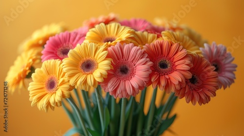  a close up of a vase of flowers with yellow and pink flowers in the middle of the vase and a yellow wall behind the vase and a yellow wall in the background.