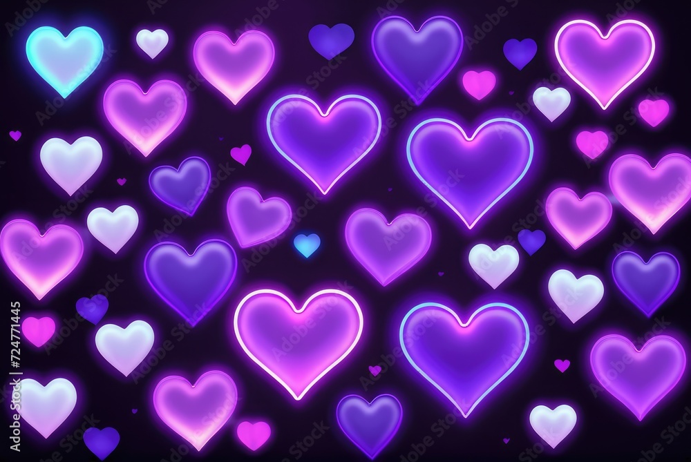 Purple Hearts Background Illuminated by Glowing Neon Cute Hearts by ai generated