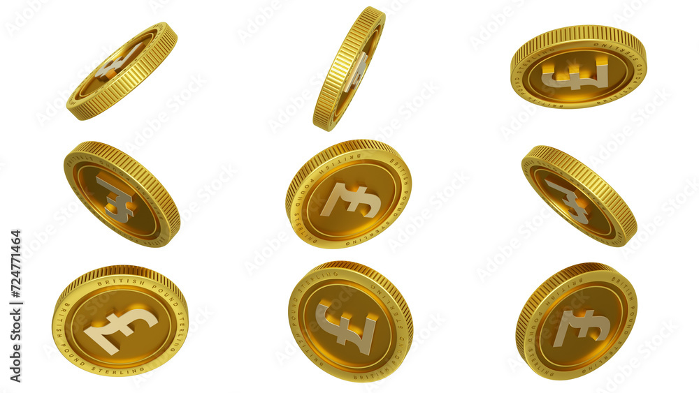 3D rendering of set of abstract golden British pound sterling coins concept in different angles. pound sign on golden coin isolated on transparent background