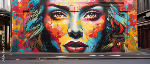 An urban streetscape scene, highlighting a striking graffiti of a woman's face in pop art style on a wall. AI Generative