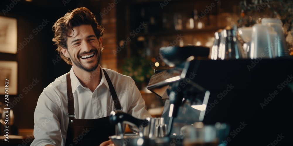 A man is smiling while standing behind a coffee machine. This image can be used to depict a barista or coffee shop employee in action