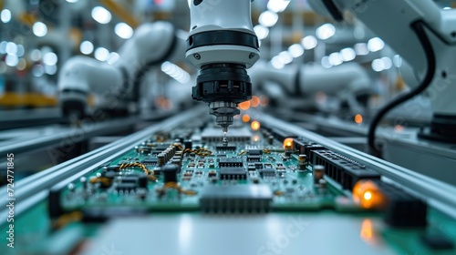 Advanced High Precision Robot Arms on Fully Automated Assembly Line Inside Modern Electronics Factory, Electronic Devices Production Industry, Component Installation on Circuit Board. Generative AI.