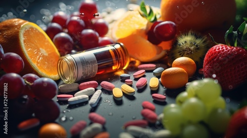 A bottle of vitamin pills surrounded by a variety of fresh fruits and vegetables. This image can be used to depict a healthy lifestyle and the importance of vitamins in a balanced diet
