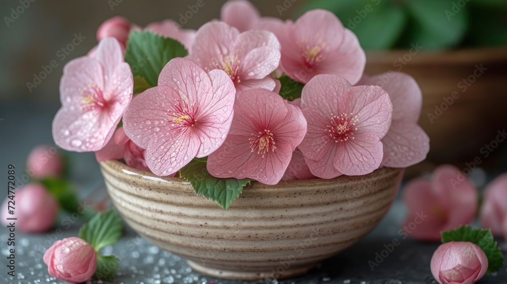 a close up of a bowl of flowers with water droplets on the ground and on the ground next to it is a potted plant with pink flowers and green leaves. a close up of a bowl of flowers with water droplets on the ground and on the ground next to it is a potted plant with pink flowers and green leaves.