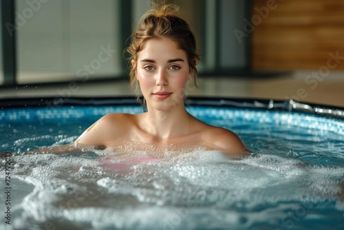 A youthful woman relaxes in the soothing waters of an indoor hot tub  her human face glowing with contentment as she indulges in a tranquil moment at the leisure centre pool