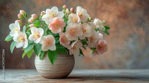  a vase filled with pink and white flowers on top of a wooden table with a brown wall in the background and a brown vase with pink and white flowers in the middle.