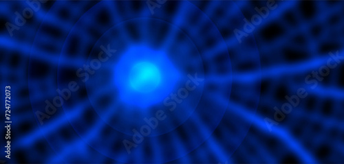 Vector abstract futuristic glowing blue blurred deep structures. A turbid mesh radiant space with radiating gravitational circles. Luminous ball flash. Wallpaper or background.
