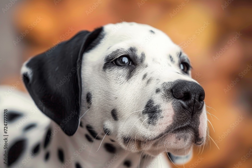A curious dalmatian puppy peers into the camera, its white fur blending into the outdoor scenery as it sniffs the air with its expressive snout