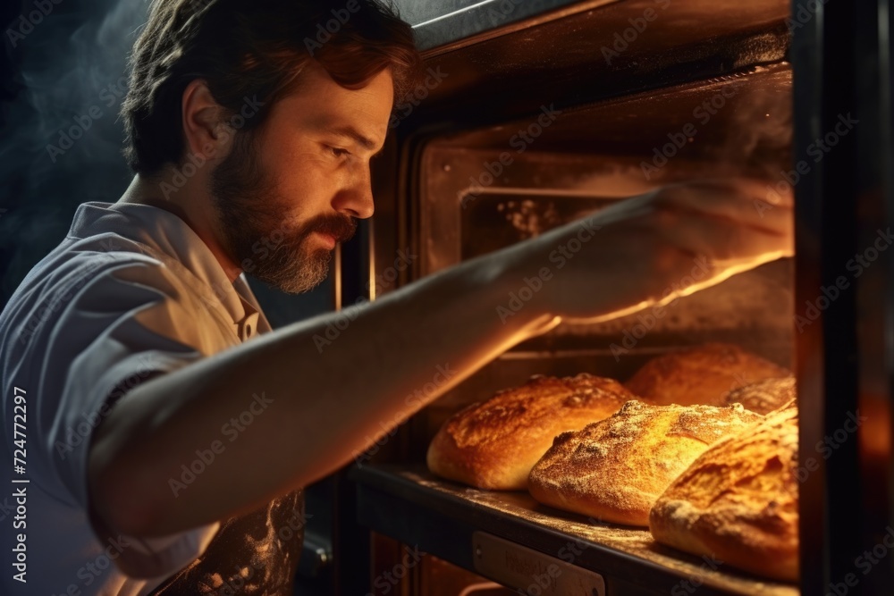 A man is shown taking a freshly baked loaf of bread out of an oven. This image can be used to showcase the process of baking bread or to illustrate the satisfaction of homemade cooking A man is shown taking a freshly baked loaf of bread out of an oven. This image can be used to showcase the process of baking bread or to illustrate the satisfaction of homemade cooking