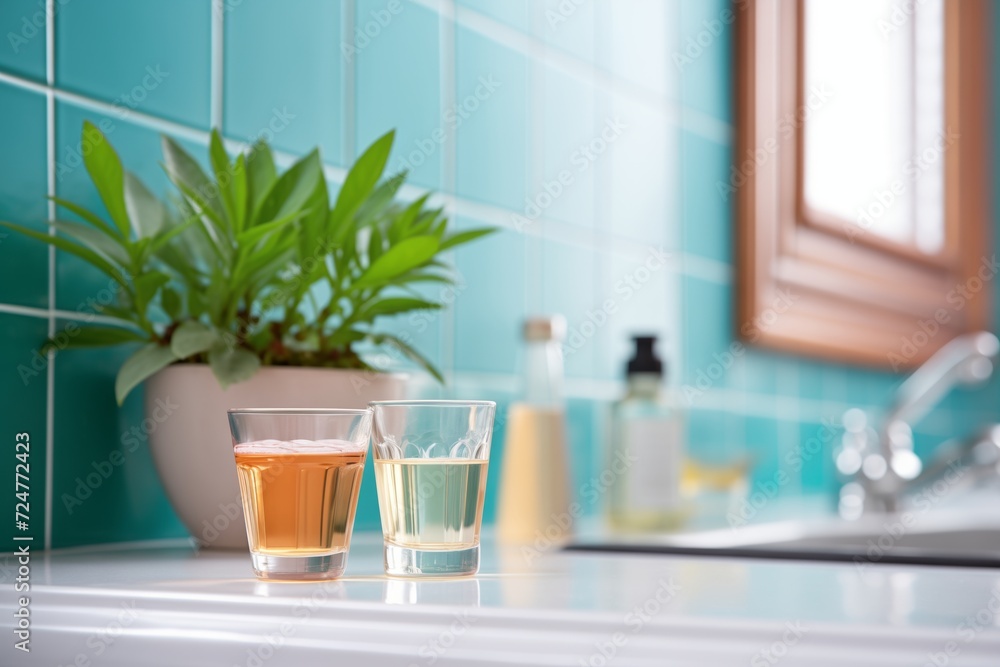 mouthwash near a green plant in a bathroom