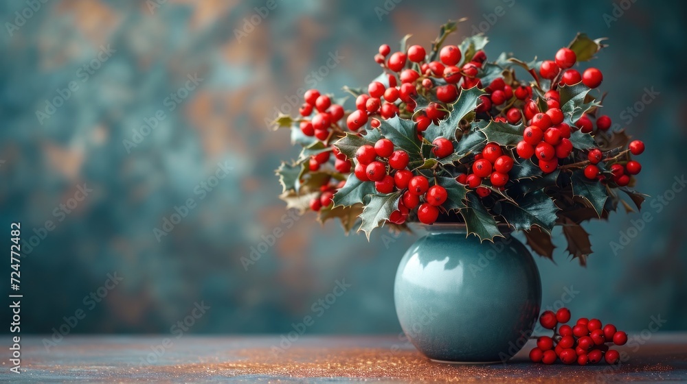a blue vase filled with red berries sitting on top of a table next to a pile of red berries on top of a wooden table next to a blue wall. a blue vase filled with red berries sitting on top of a table next to a pile of red berries on top of a wooden table next to a blue wall.