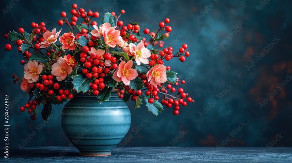 a blue vase filled with lots of red and pink flowers on top of a wooden table next to a blue wall with green leaves and red berries on the top. a blue vase filled with lots of red and pink flowers on top of a wooden table next to a blue wall with green leaves and red berries on the top.