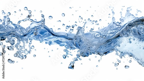 Abstract background with blue water wave and isolated splashes and drops on white surface