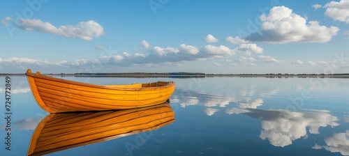 Tranquil serenity  reflections of a lonely wooden boat on a peaceful lake at dawn