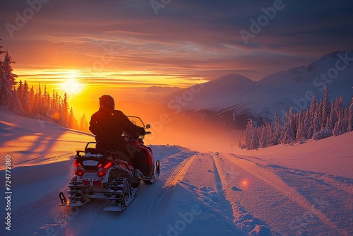 A daring adventurer braves the freezing mountain air as they ride their snowmobile through the snowy terrain, the vibrant hues of a sunrise painting the sky behind them